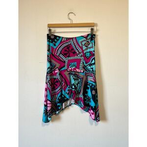 Abstract Geometric Print Asymmetrical Hem Midi Skirt Yigal Y2K Pink Blue 29"